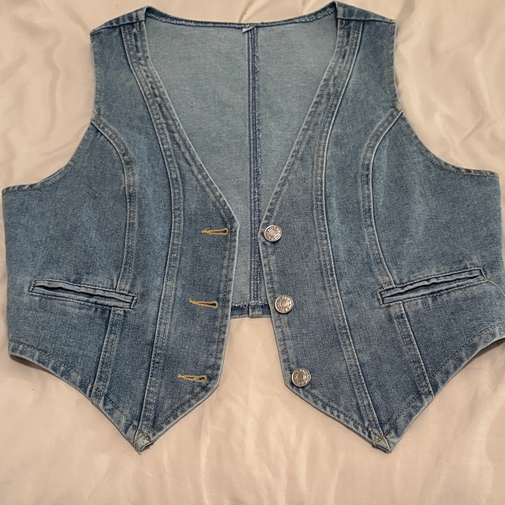 Classic Denim Button Front Vest - Light Blue